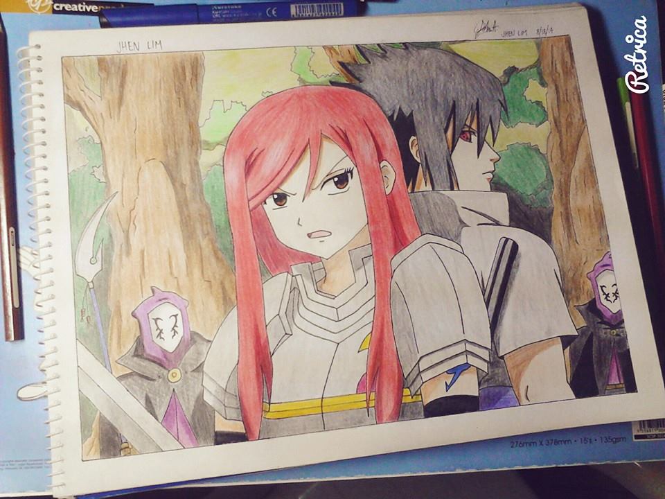 Fairy Tail x Naruto - Erza and Sasuke in a back-to-back pose. 